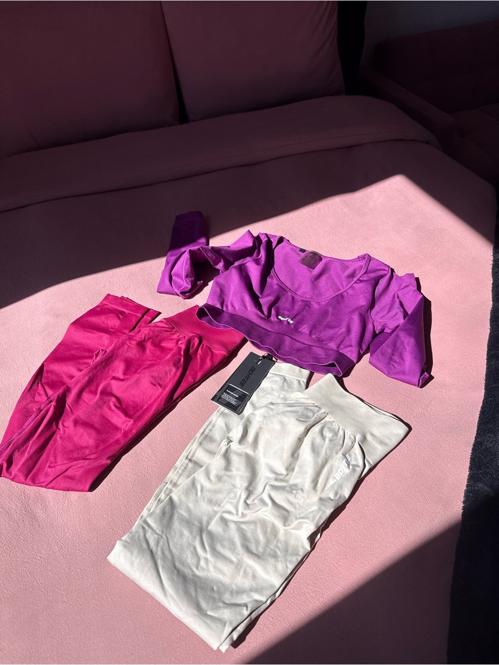 Activewear Set with Purple Cropped Top, Hot Pink Leggings & Cream leggings
